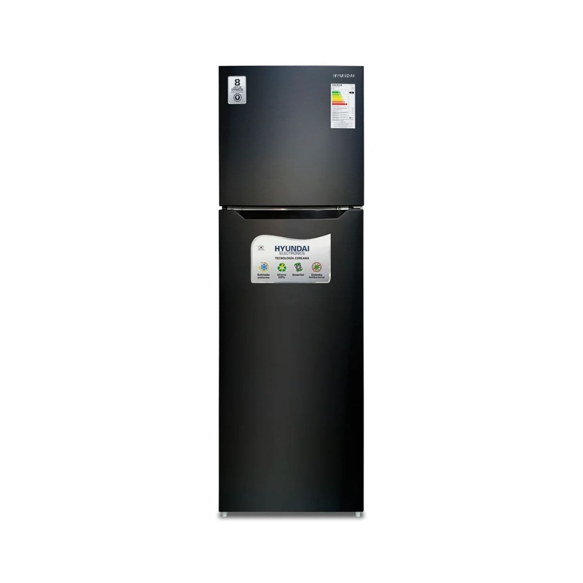 Refrigerador Capacidad de 290 Litros Hielo Seco Color Black Inox Dos Puertas HYUNDAI 