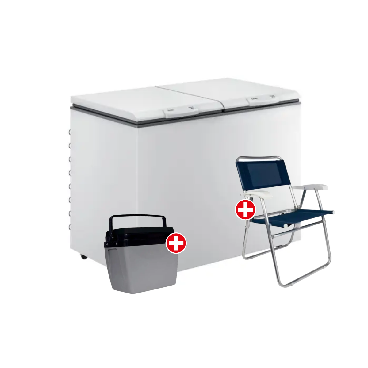 Combo Freezer Consul horizontal 414Lts blanco Inverter - 2 puertas + Conservadora MOR 26 Lts - Gris con Negro + Silla Master Mor Azul - Aluminio