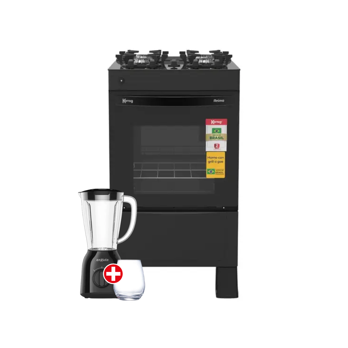 Combo Cocina a gas 4h negra Kernig Anima mesa vidrio + Set de vasos agua esmerada de vidrio 6 piezas 680591 + Licuadora Enxuta 400W 2 velocidades jarra de plastico 1.5 Lts.